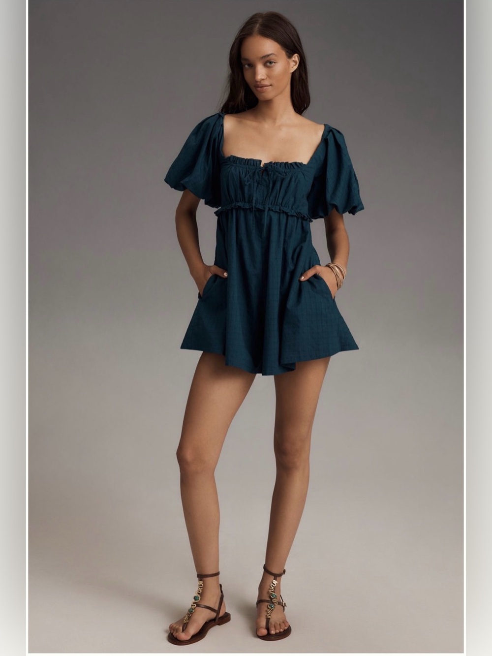Pilcro Anthropologie Puff Sleeve Babydoll Romper Dark Teal XS